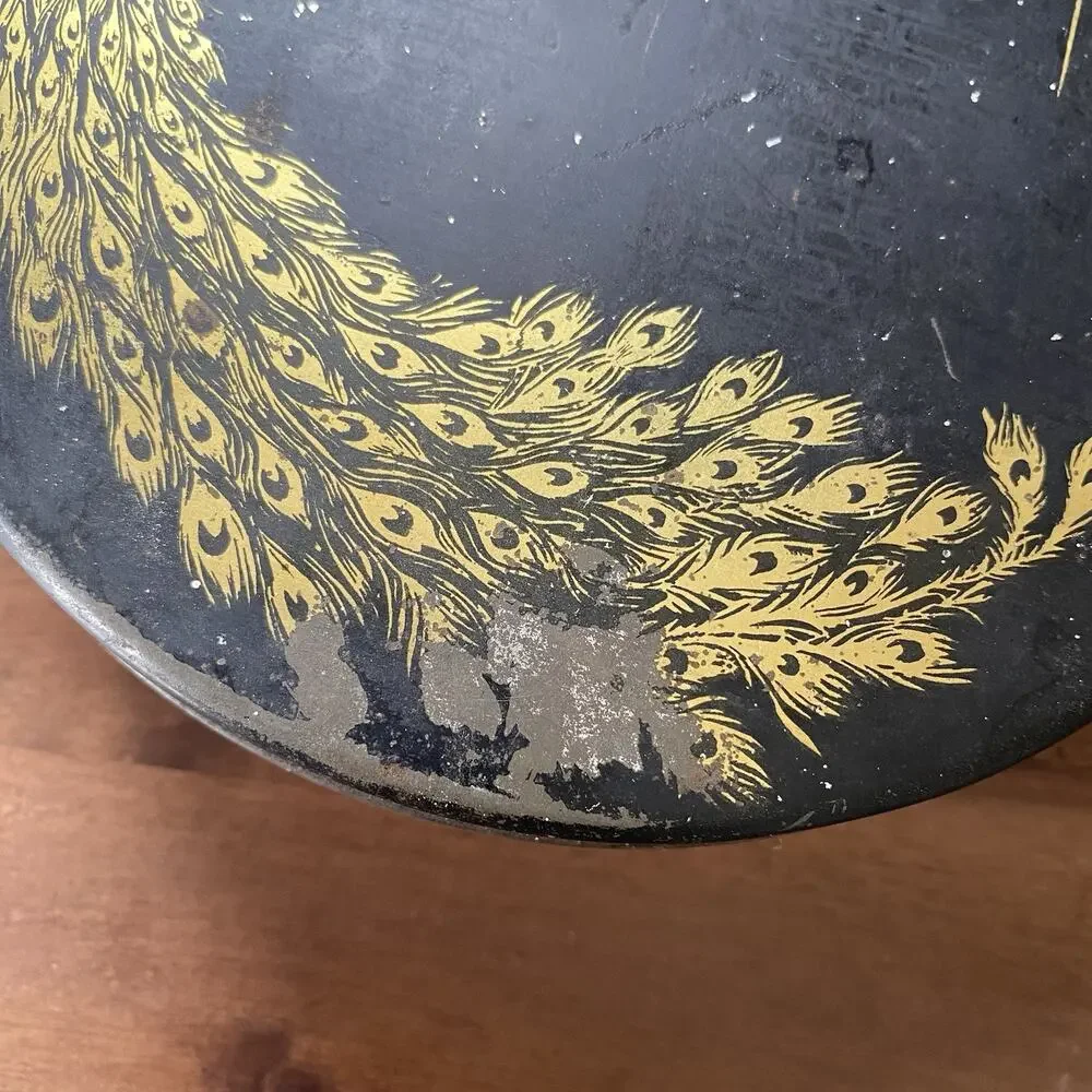 Vintage 1920-30s Round Tindeco Metal Tin Gold Peacock on Black 6” - Picture 7 of 14